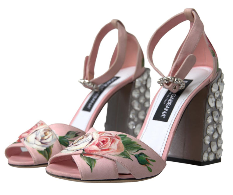 Pink Sandals Floral Bejeweled Block Heel Shoes