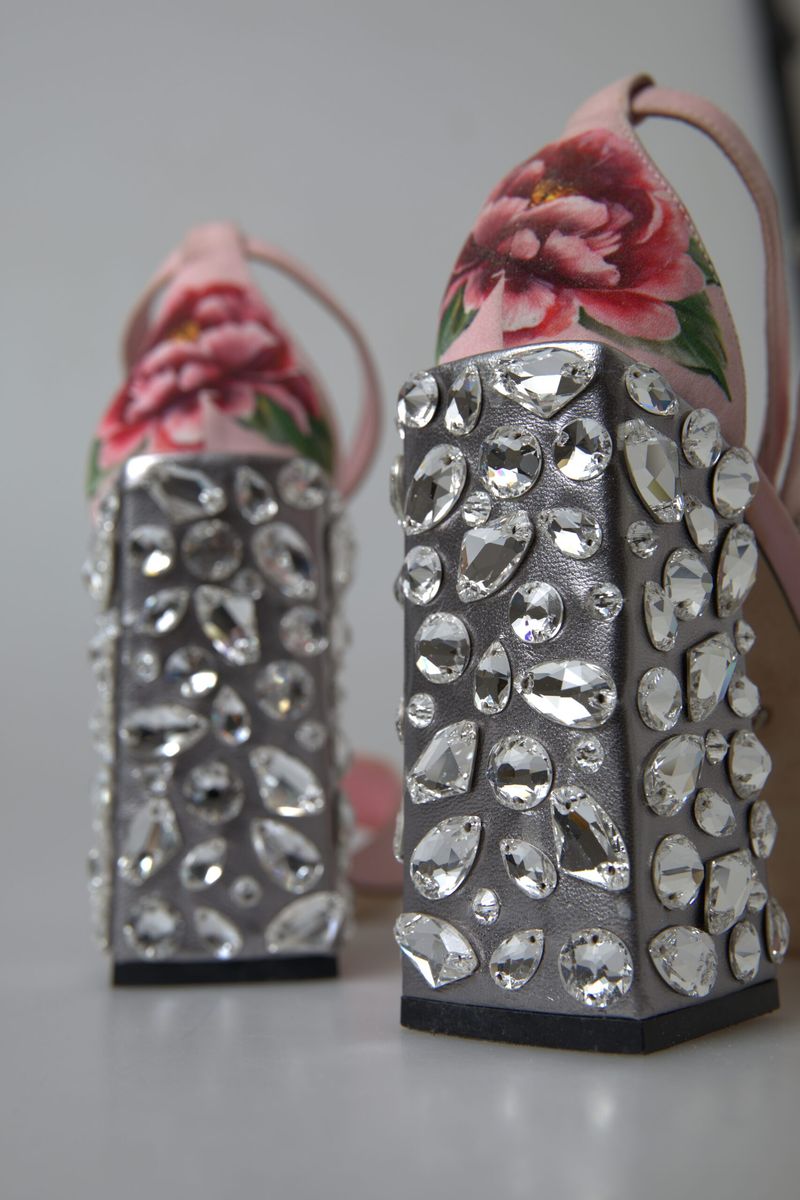 Pink Sandals Floral Bejeweled Block Heel Shoes