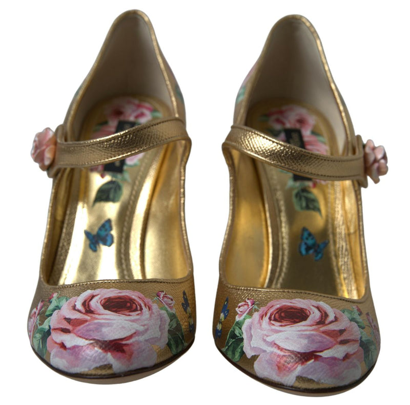 Gold Leather Floral Print Strap Pump Shoes