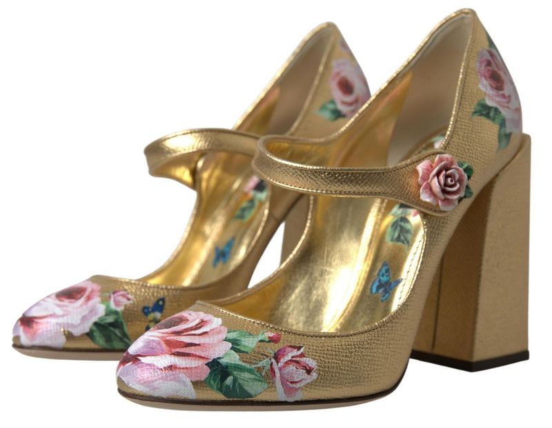 Gold Leather Floral Print Strap Pump Shoes