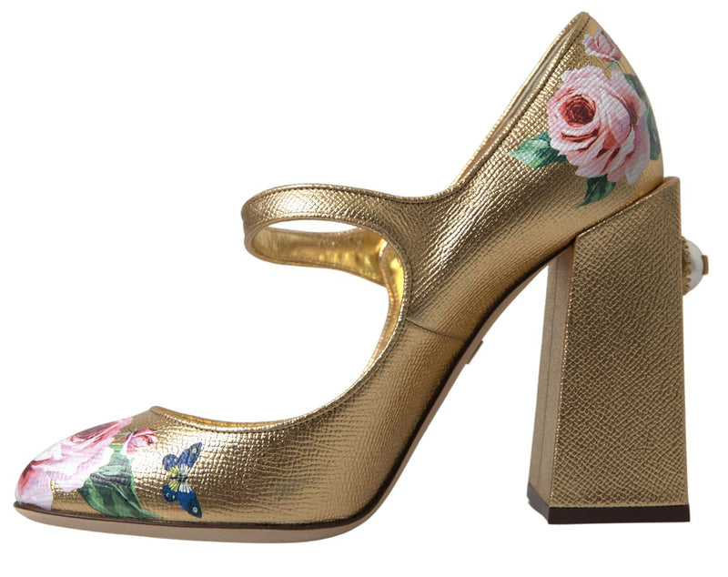 Gold Leather Floral Print Strap Pump Shoes