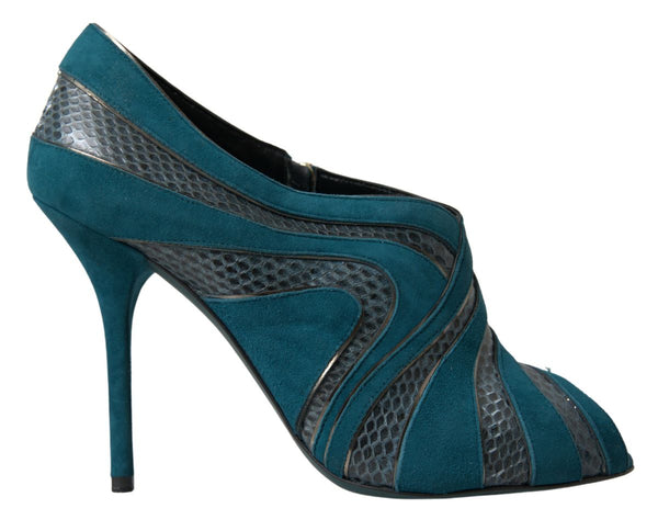 Blue Teal Snakeskin Peep Toe Ankle Booties Shoes