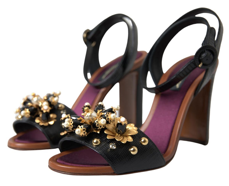 Black Lizard Embossed Floral Pearls Sandals Shoes