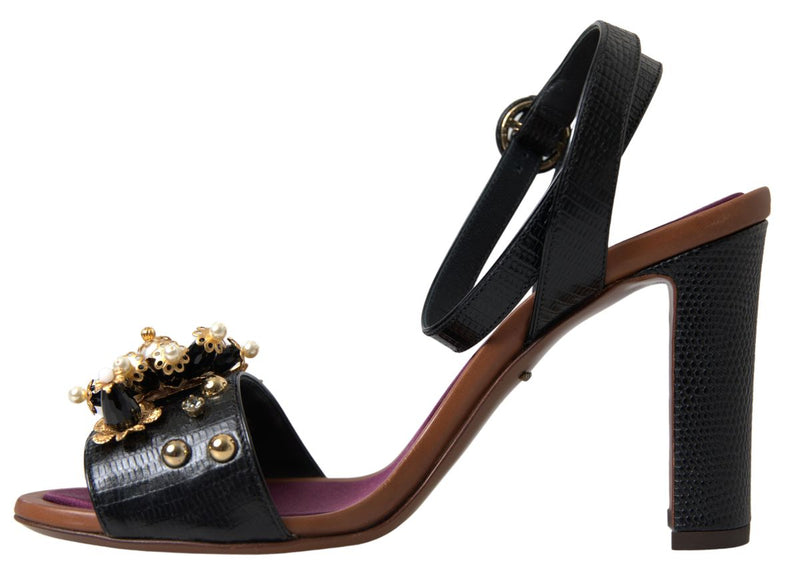 Black Lizard Embossed Floral Pearls Sandals Shoes