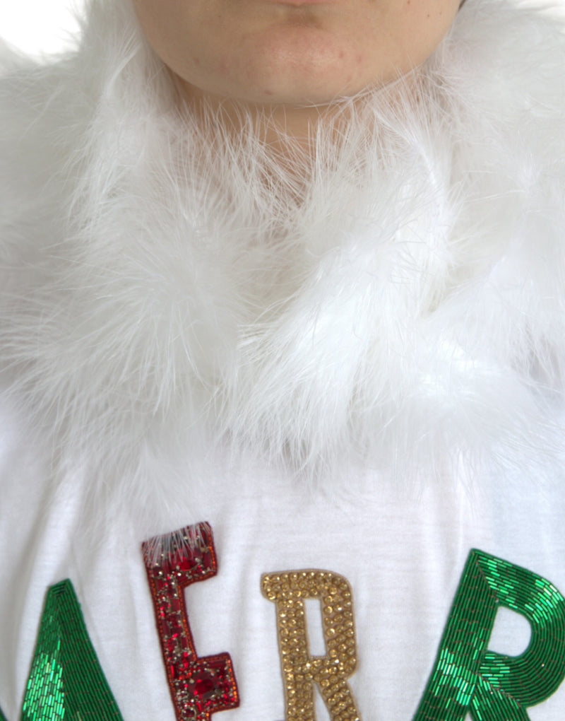 White Cotton Christmas Sequin Fur T-shirt