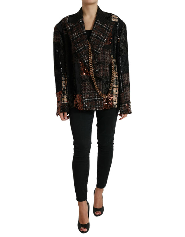 Multicolor Patchwork Chain Embellished Coat Jacket