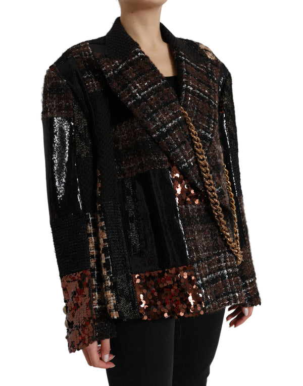 Multicolor Patchwork Chain Embellished Coat Jacket