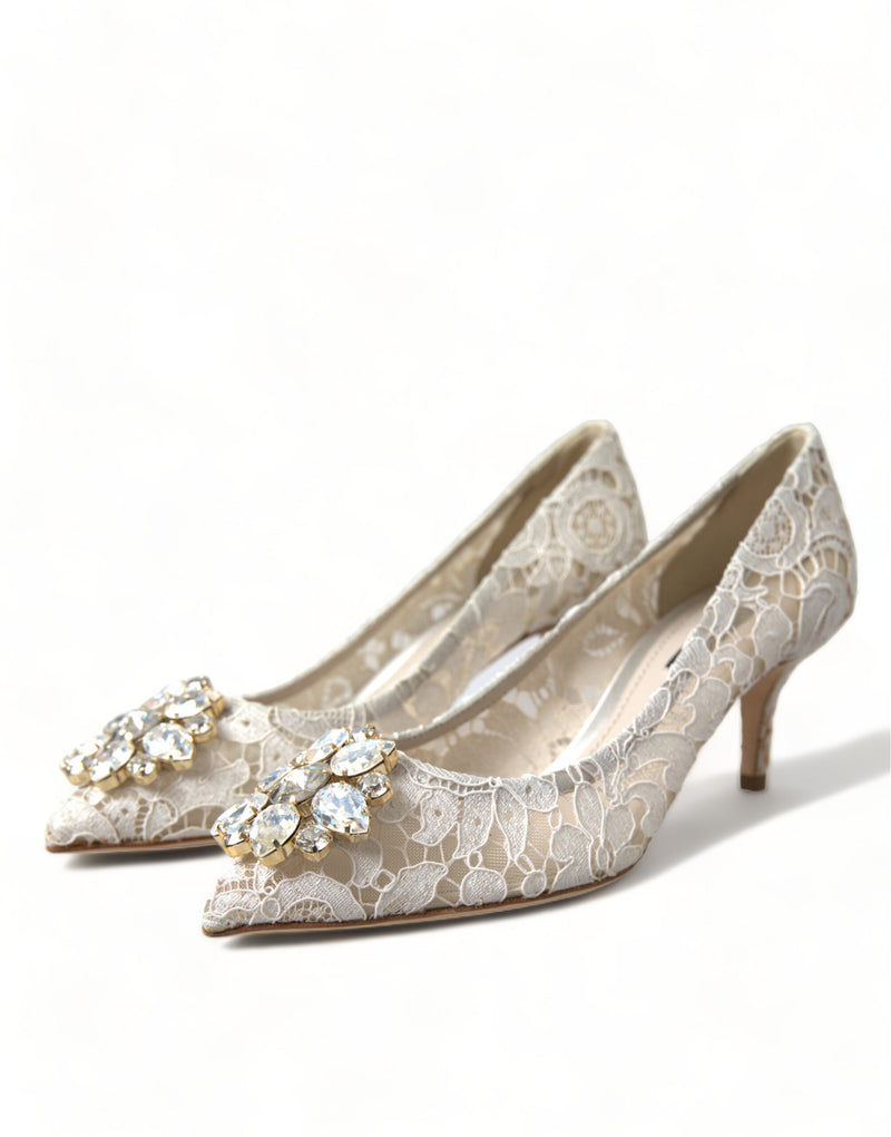 White Taormina Lace Crystal Heels Pumps Shoes