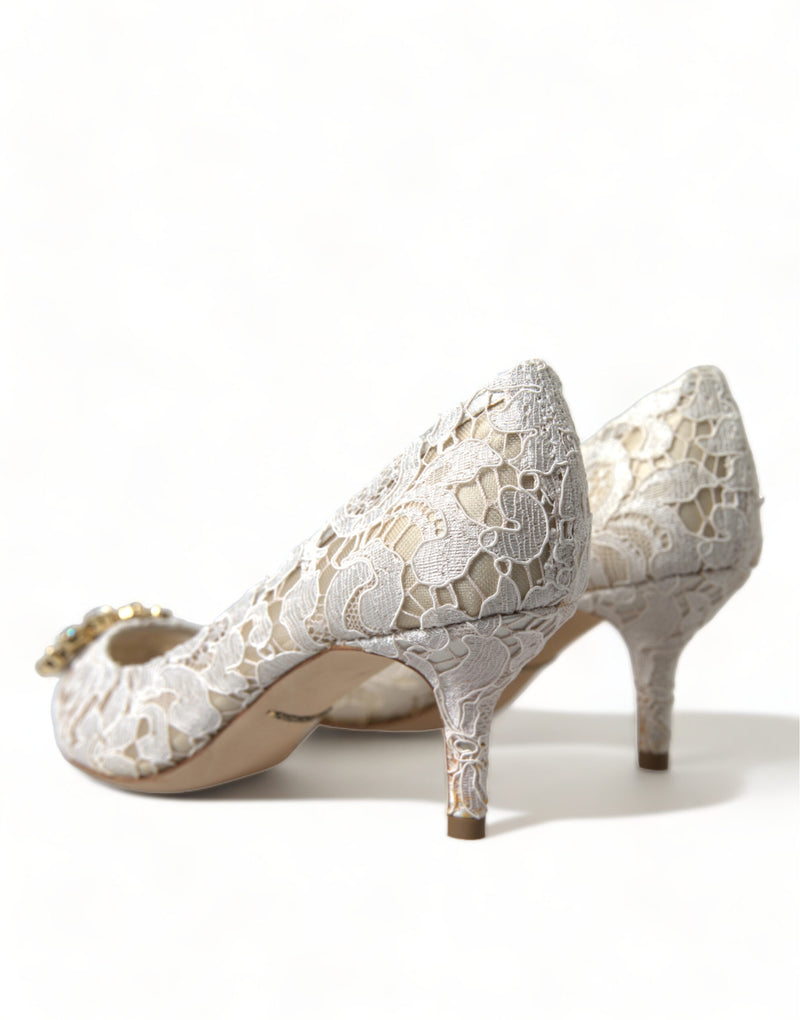 White Taormina Lace Crystal Heels Pumps Shoes