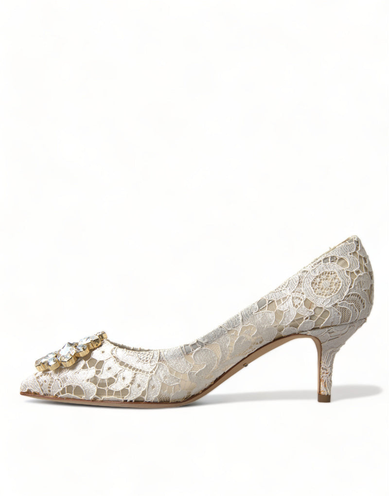 White Taormina Lace Crystal Heels Pumps Shoes