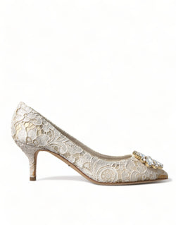 White Taormina Lace Crystal Heels Pumps Shoes