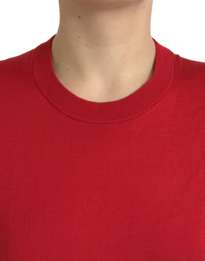 Red Silk Crew Neck Short Sleeves T-shirt Top