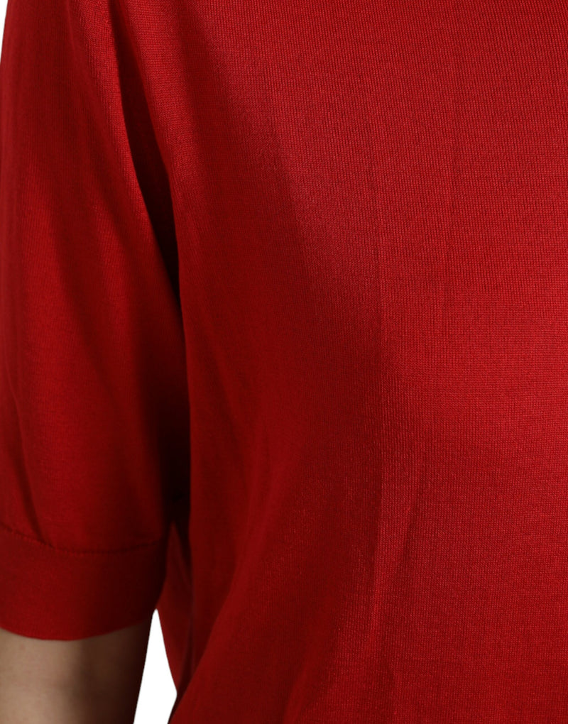 Red Silk Crew Neck Short Sleeves T-shirt Top