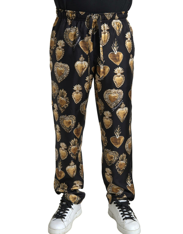 Black Heart Print Silk Men Jogger Pants