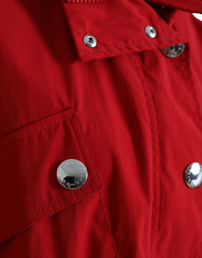 Red Polyester Hooded Button Rain Coat Jacket