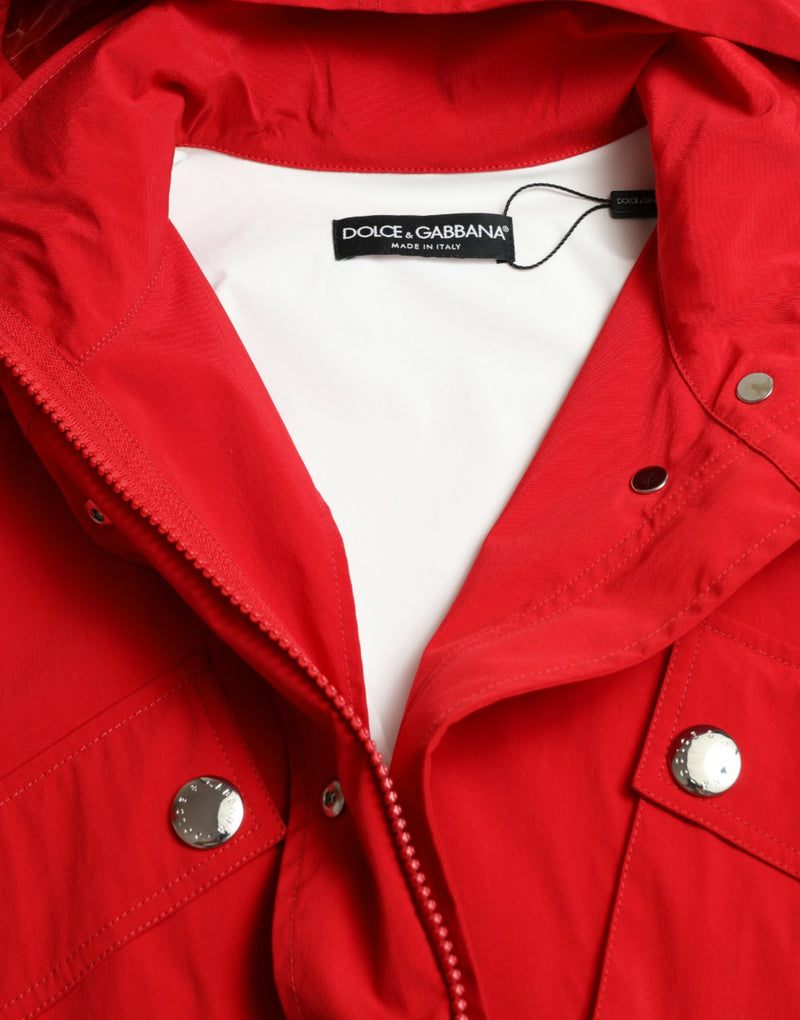 Red Polyester Hooded Button Rain Coat Jacket