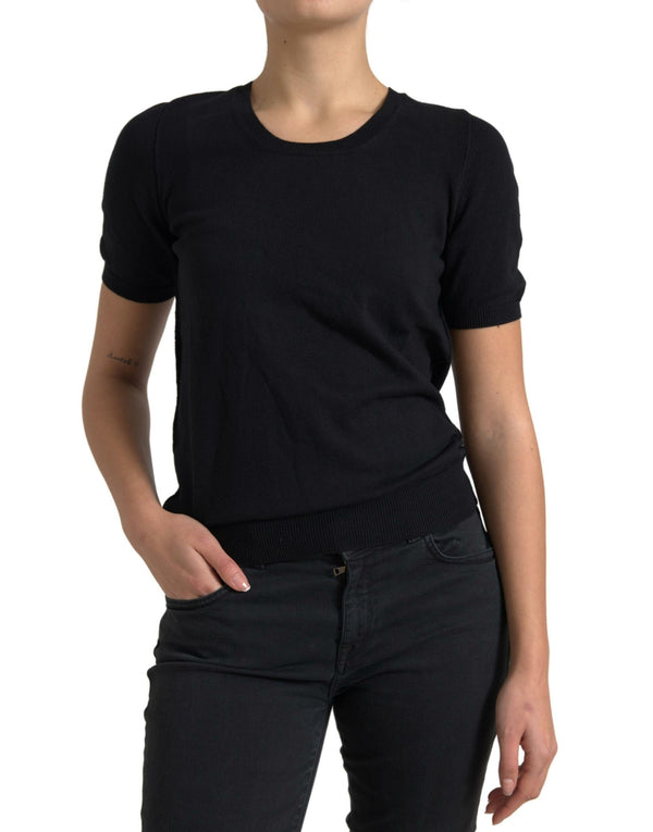 Black Cotton Crew Neck Short Sleeves Top