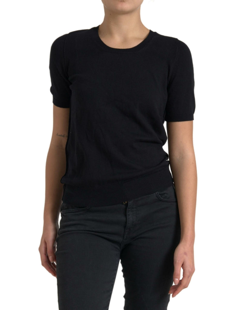 Black Cotton Crew Neck Short Sleeves Top