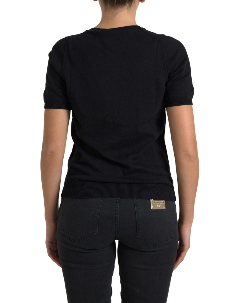 Black Cotton Crew Neck Short Sleeves Top