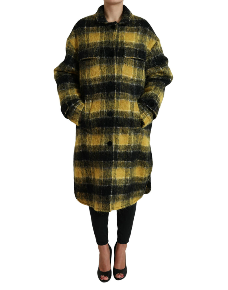 Yellow Plaid Long Sleeve Casual Coat Jacket