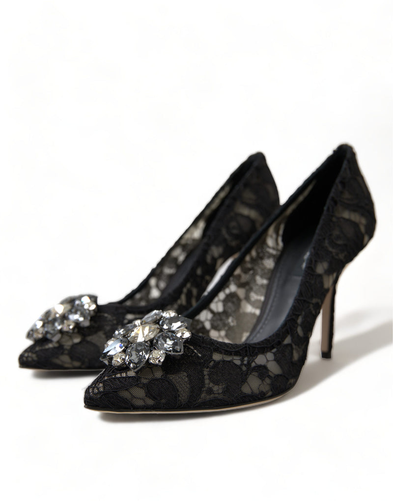 Black Taormina Lace Crystal Heels Pumps Shoes