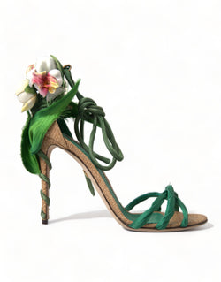 Green Flower Satin Heels Sandals Shoes