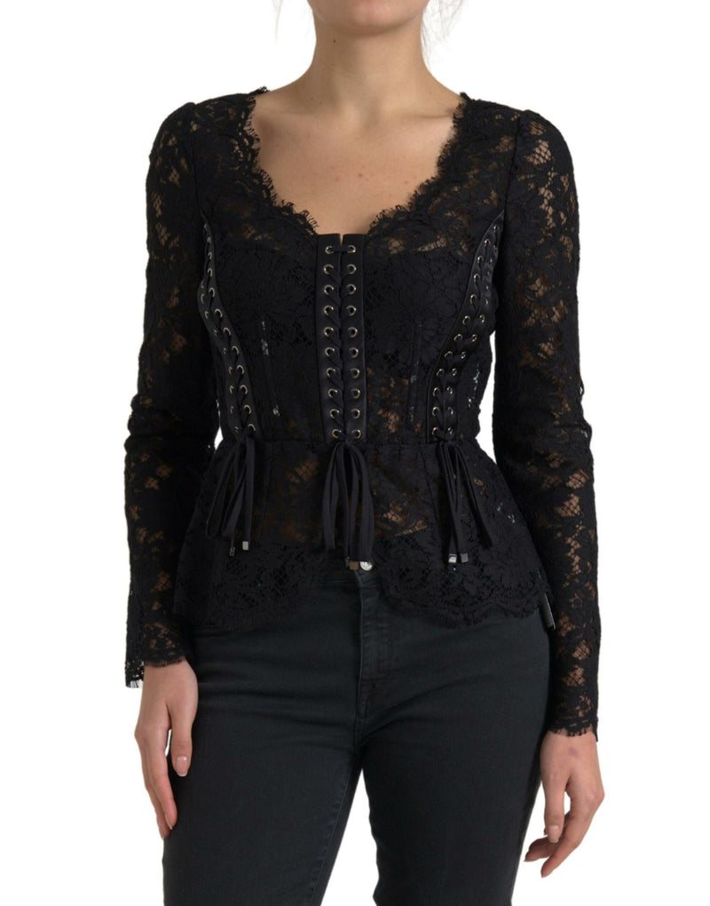 Black Cotton Floral Lace Corset Style Blouse