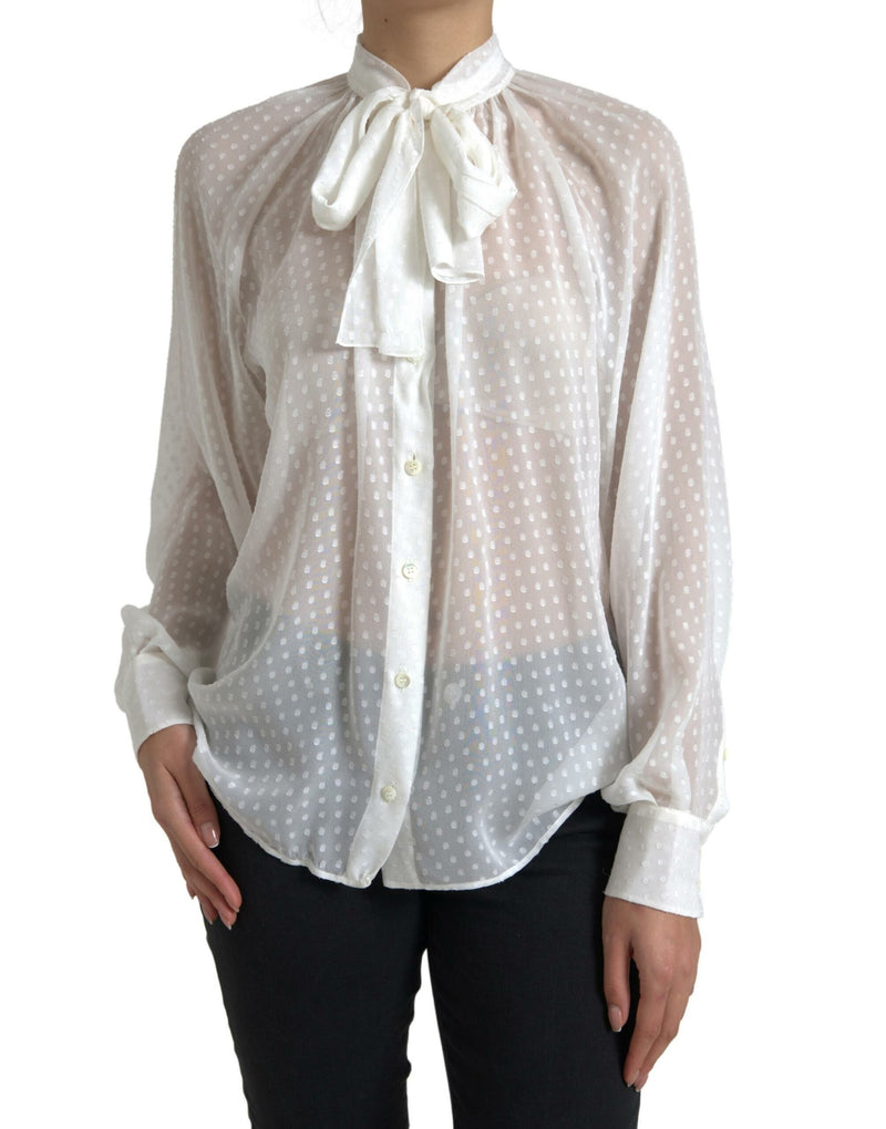 White Silk Sheer Tied Neck Polka Dots Blouse