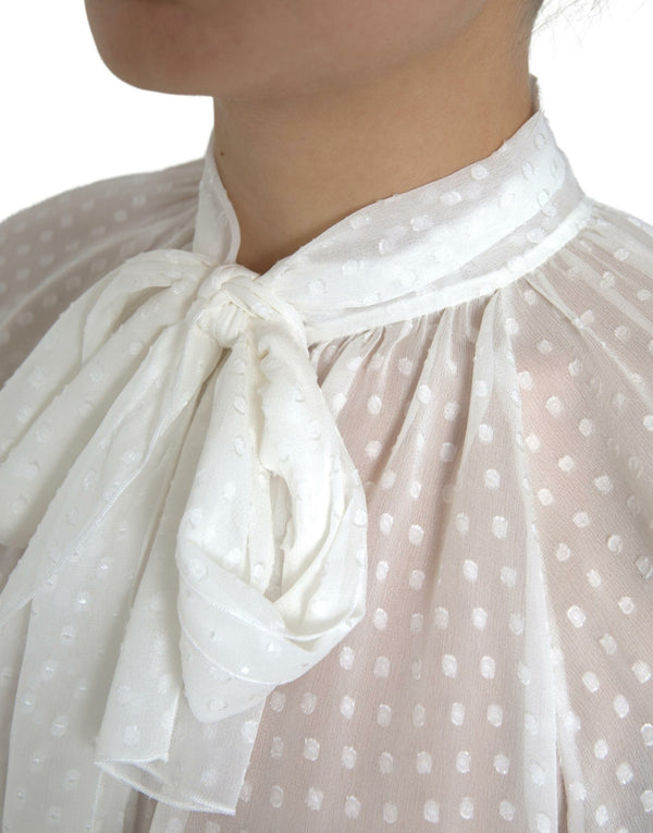 White Silk Sheer Tied Neck Polka Dots Blouse