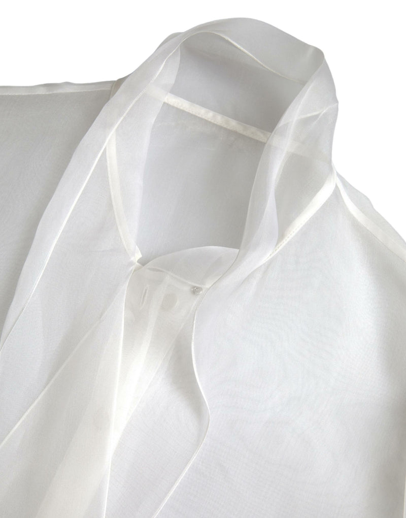 White Silk Sheer Organza Tied Neck Blouse