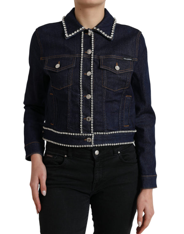 Dark Blue Crystal Trimmed Cotton Denim Jacket