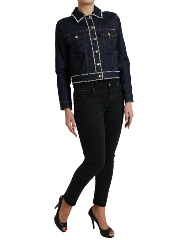 Dark Blue Crystal Trimmed Cotton Denim Jacket