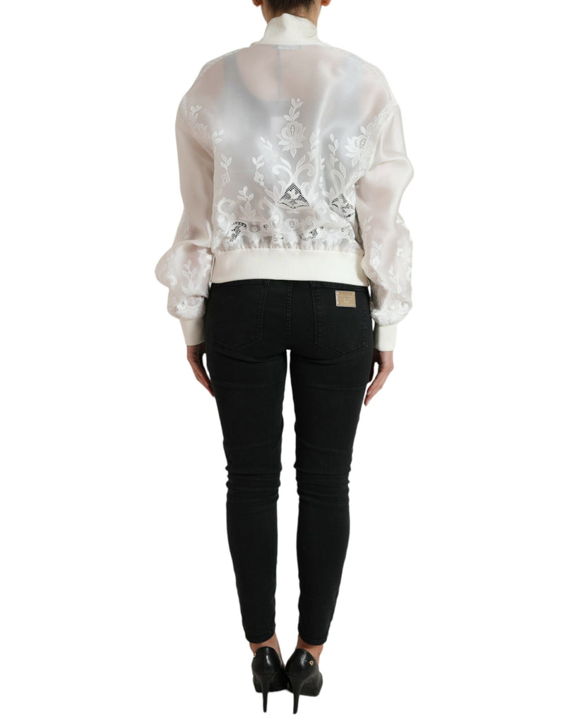 White Floral Lace Silk Full Zip Bomber Jacket