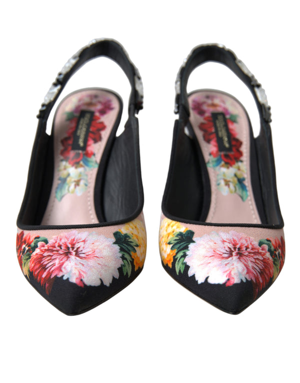 Black Floral Crystal Heels Slingbacks Shoes