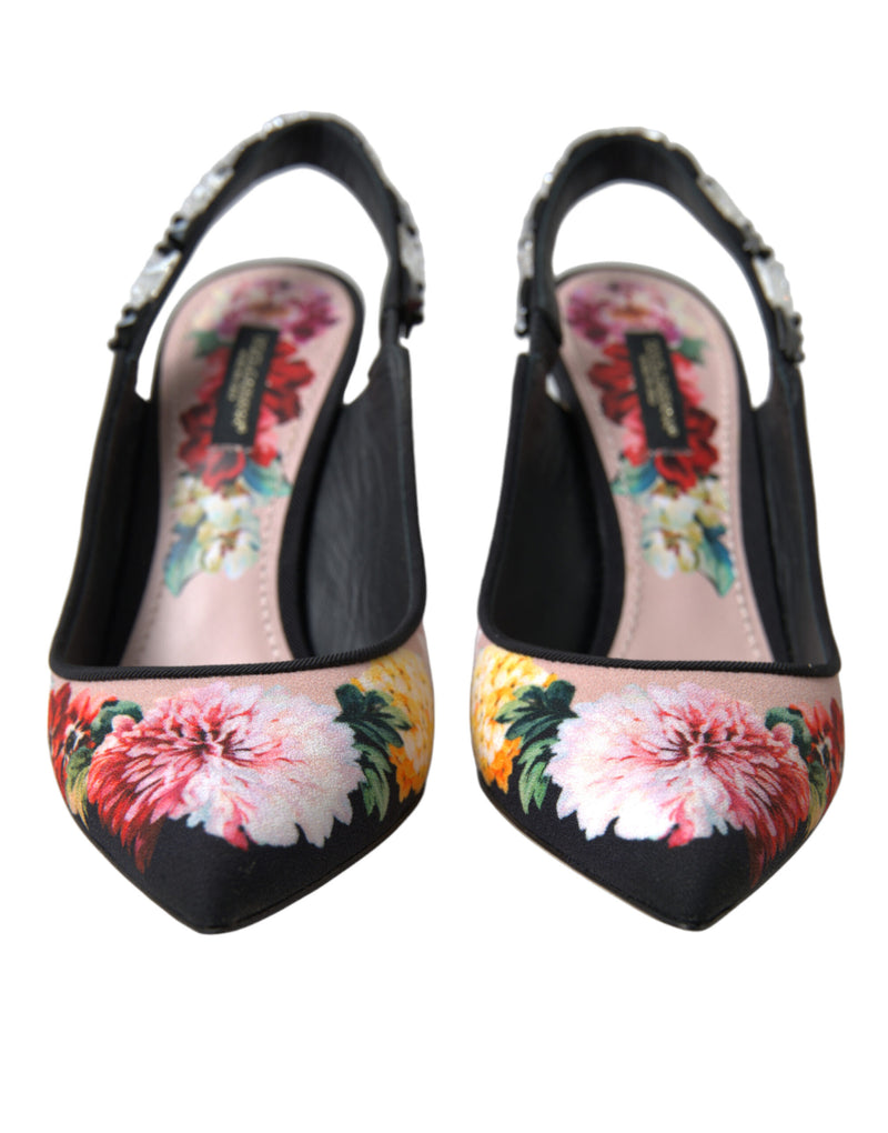 Black Floral Crystal Heels Slingbacks Shoes