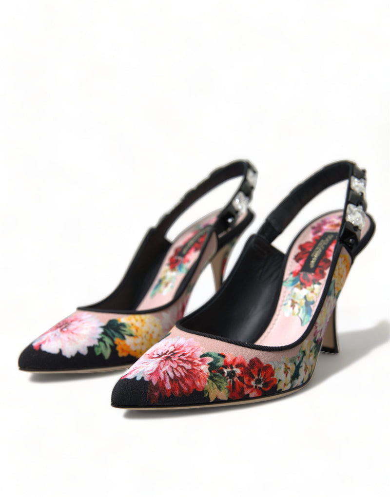 Black Floral Crystal Heels Slingbacks Shoes