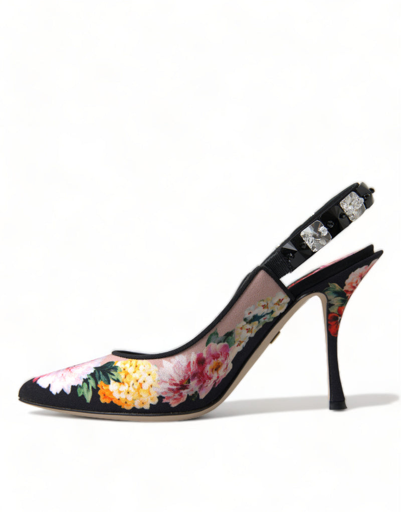 Black Floral Crystal Heels Slingbacks Shoes