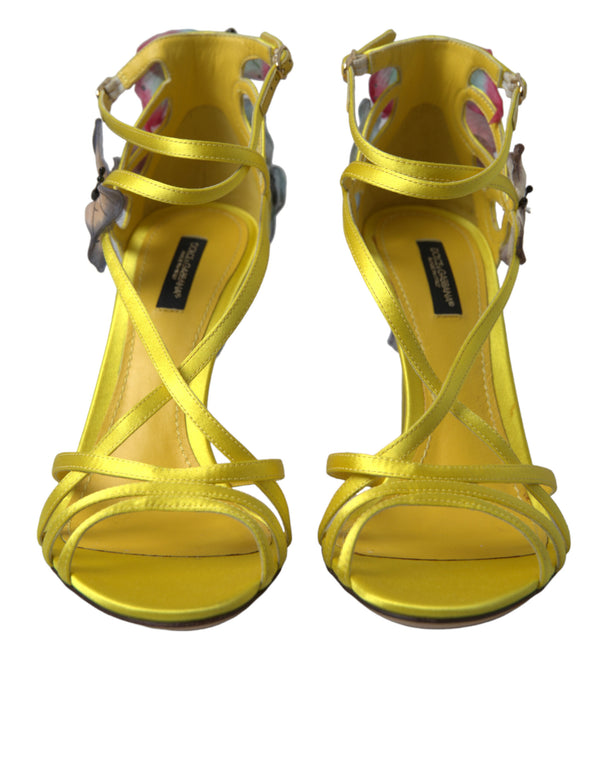 Yellow Flower Satin Heels Sandals Shoes