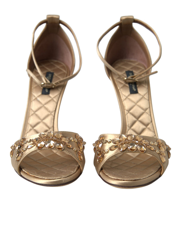 Gold Satin Ankle Strap Crystal Sandals Shoes