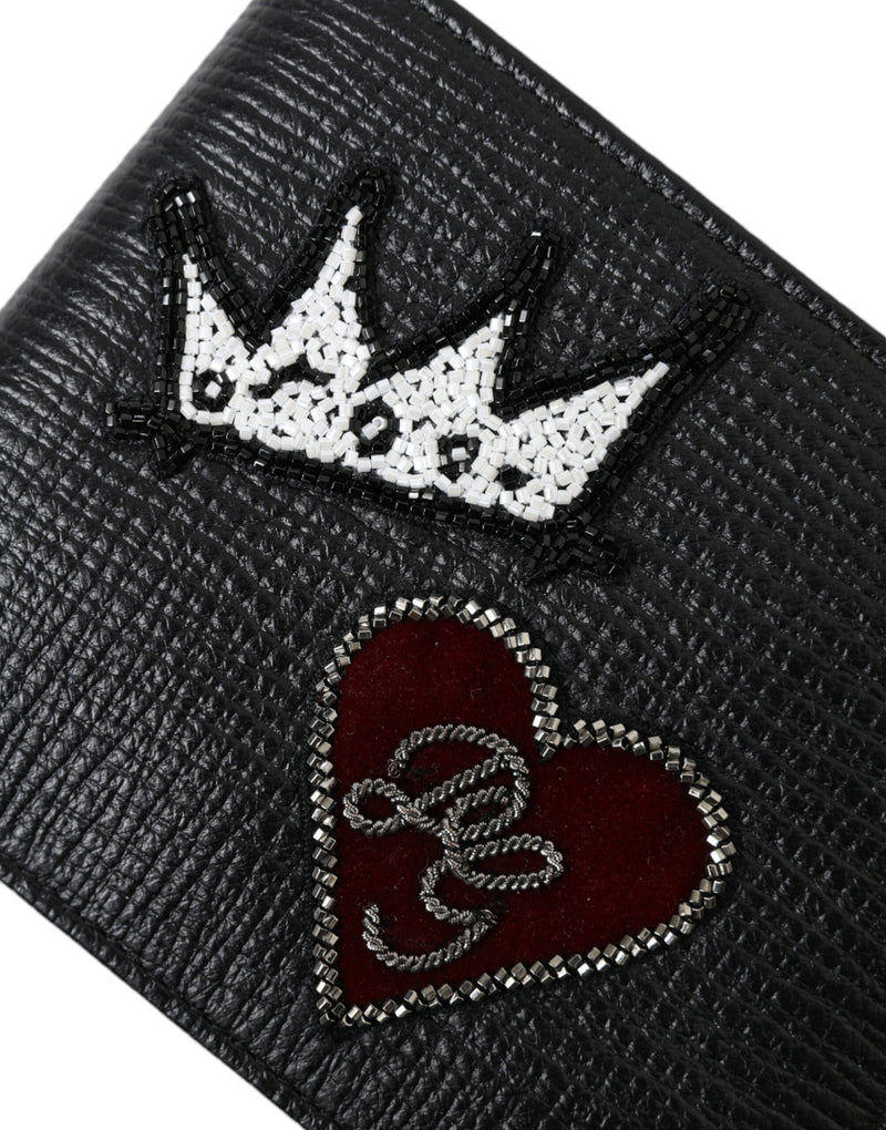 Black Leather Crown Heart Patch Bifold Card Holder Wallet