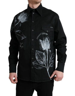 Black Floral Cotton Collared Dress Shirt