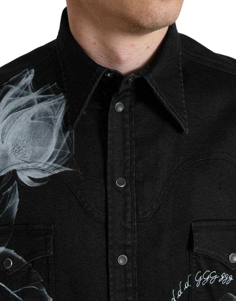 Black Floral Cotton Collared Dress Shirt