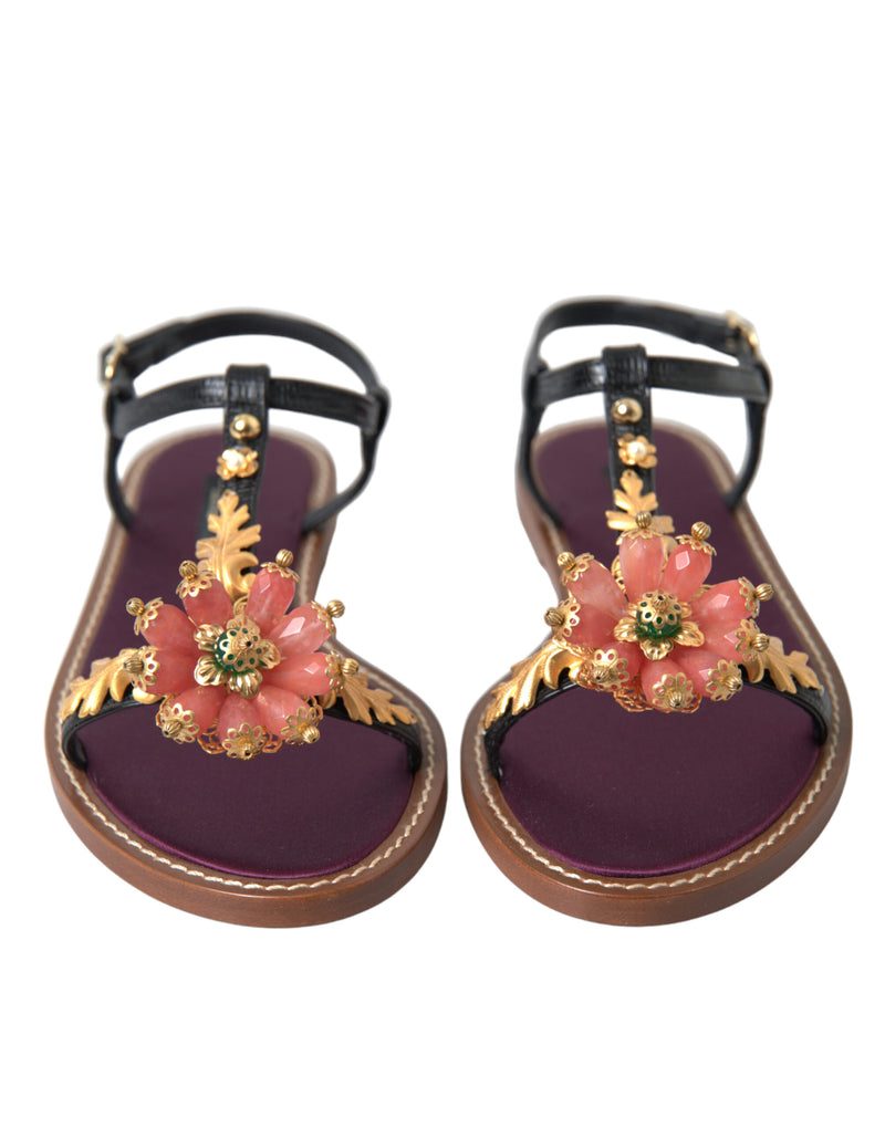 Black Crystal Gold Sandals Leather Shoes