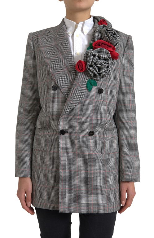 Gray Plaid Rose Applique Coat Blazer Jacket