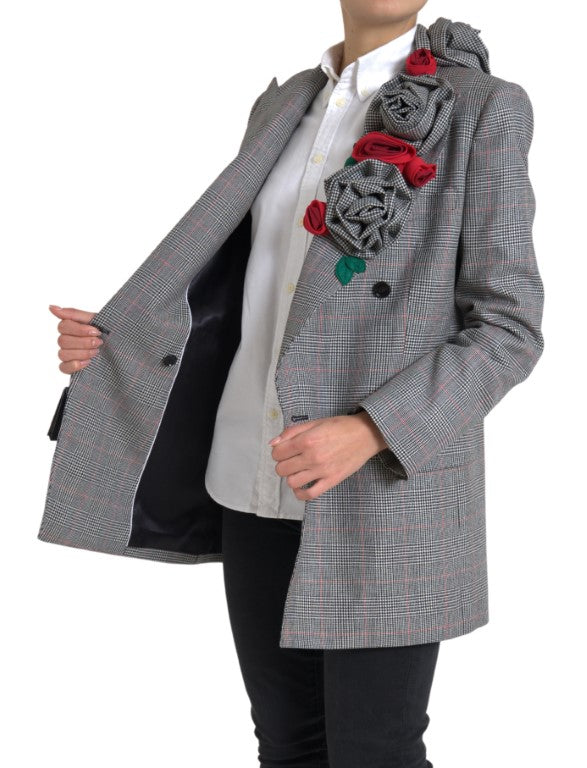 Gray Plaid Rose Applique Coat Blazer Jacket