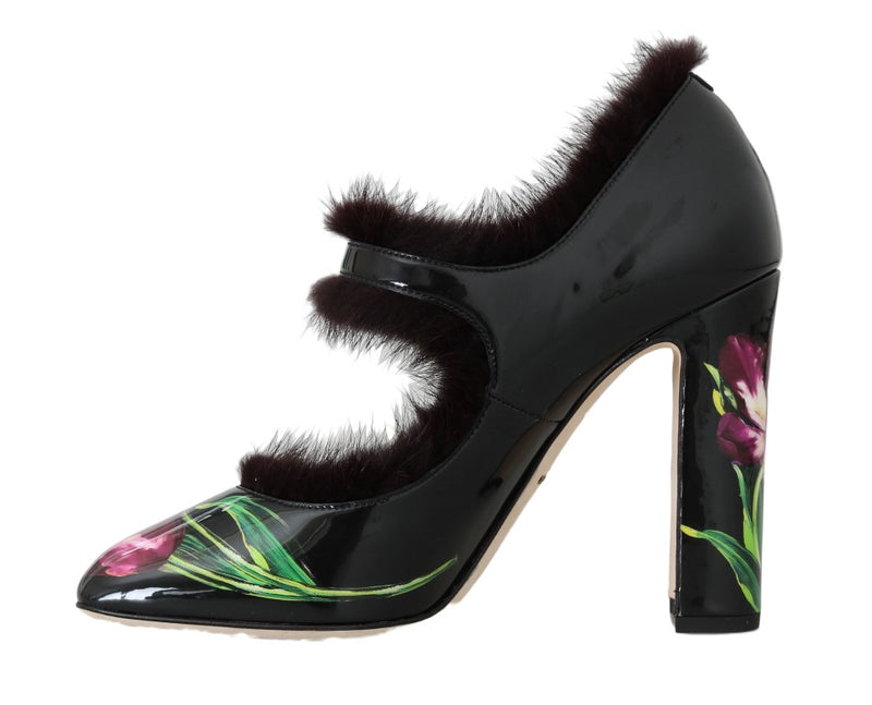 Black Leather Purple Tulip Mink Fur Pumps