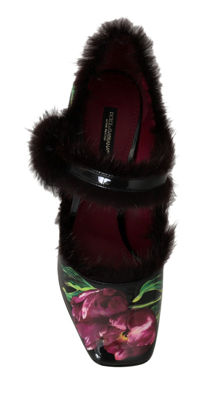 Black Leather Purple Tulip Mink Fur Pumps