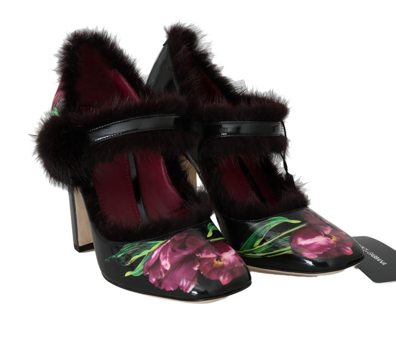 Black Leather Purple Tulip Mink Fur Pumps