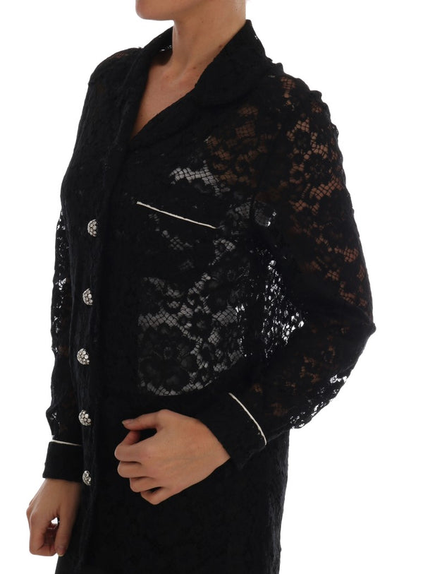 Black Crystal Button Floral Lace Shirt