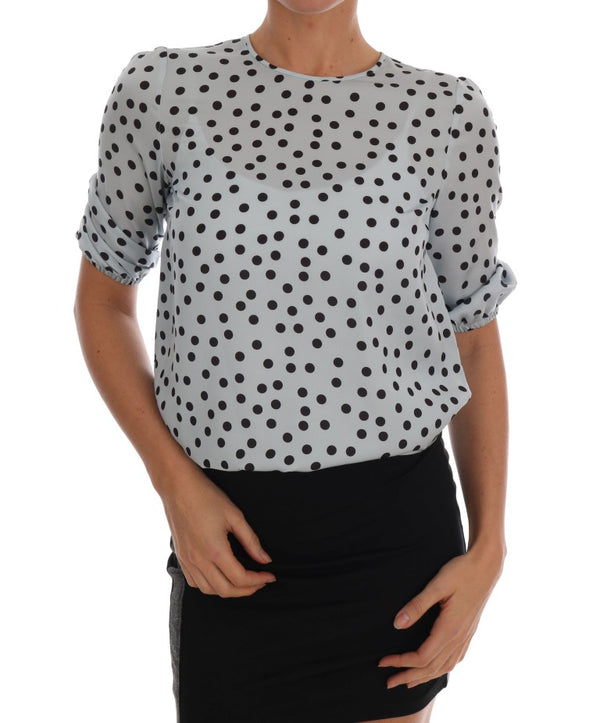 Blue Polka Dotted Silk Top Blouse